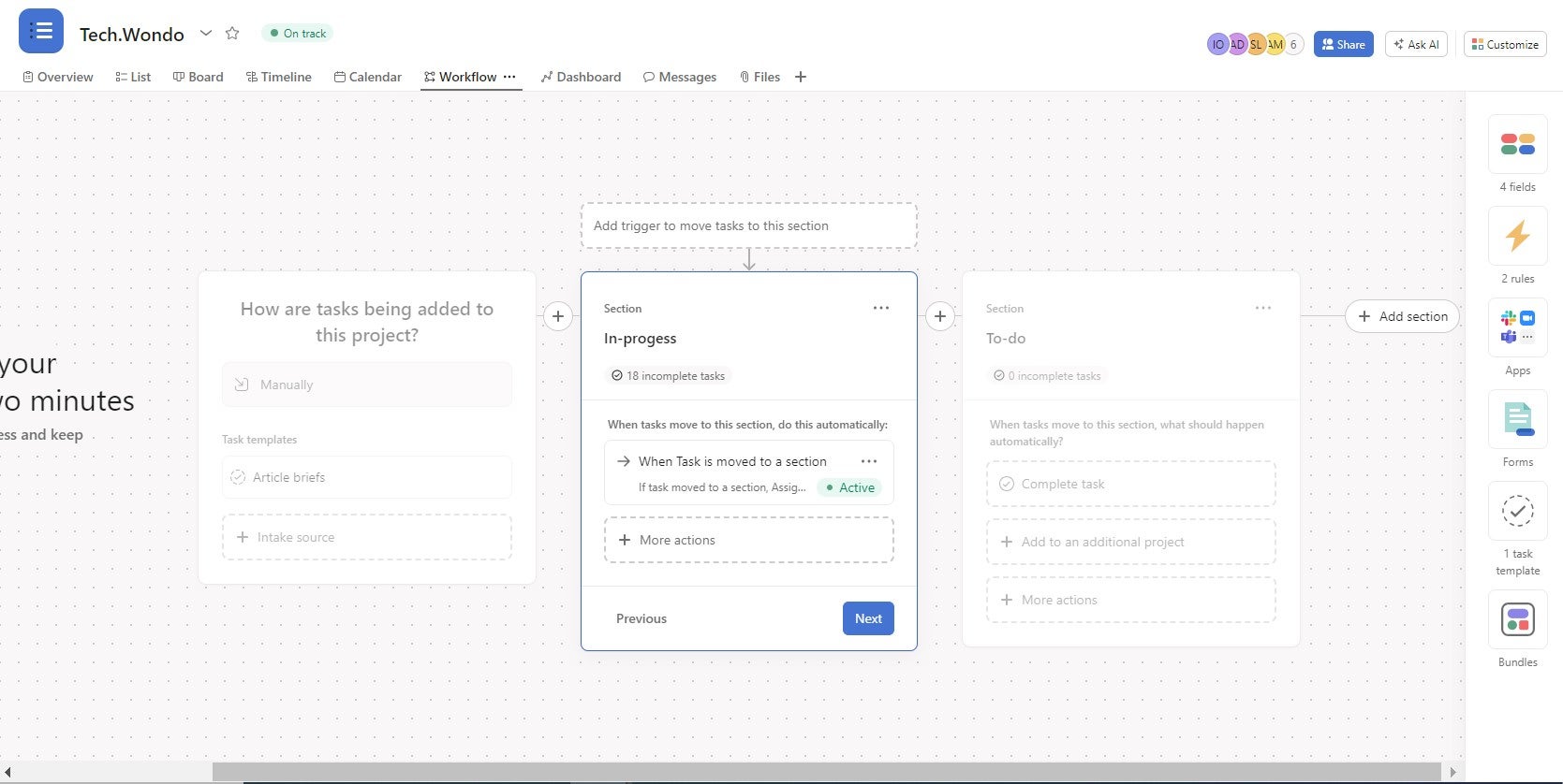 Asana's workflow menu