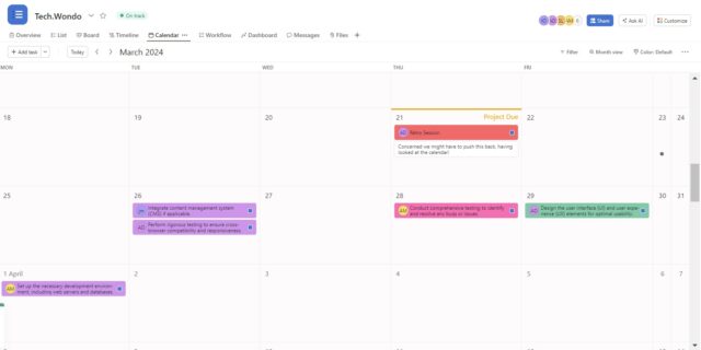 Asana' calendar view