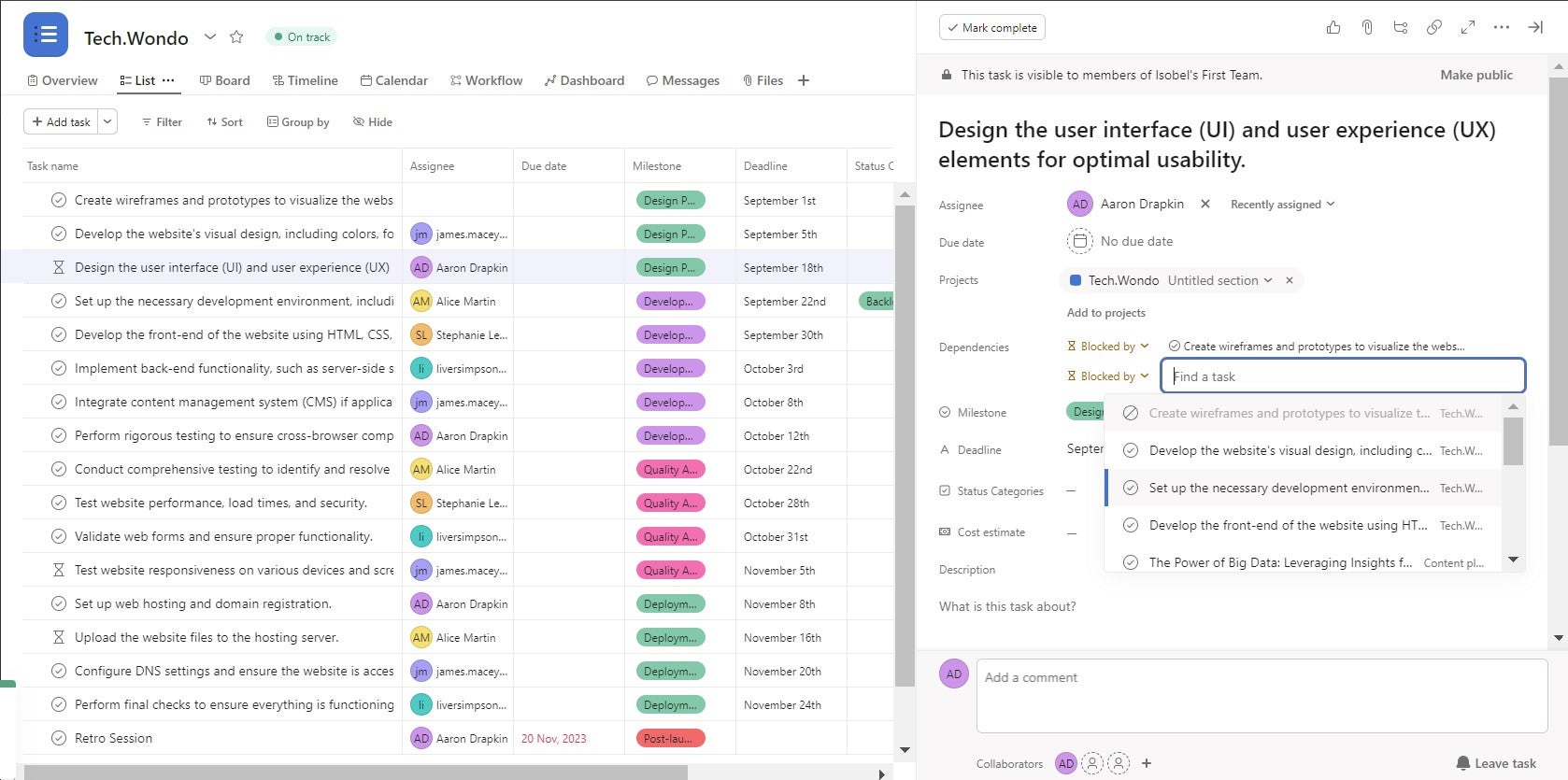 Drawing task dependencies in asana