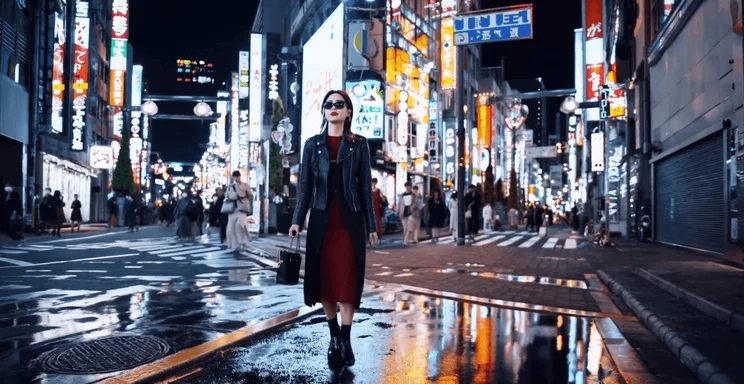 Screenshot of Sora video showing woman walking through Tokyo at night