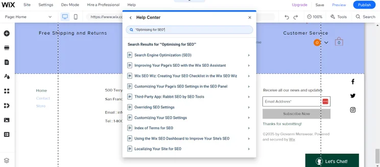 Looking for SEO guides in Wix's help center. Image: Tech.co