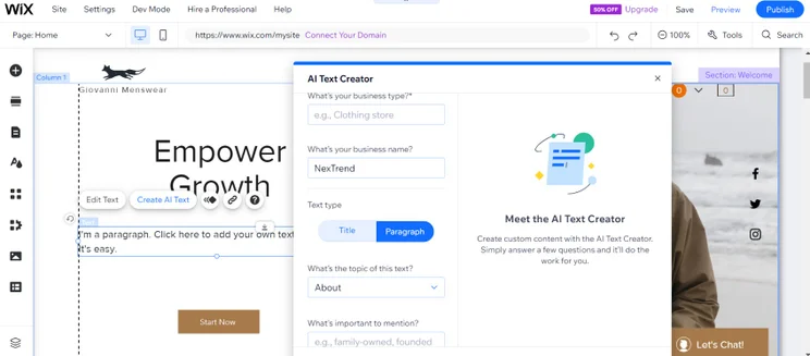 Using Wix's text generator. Image: tech.co