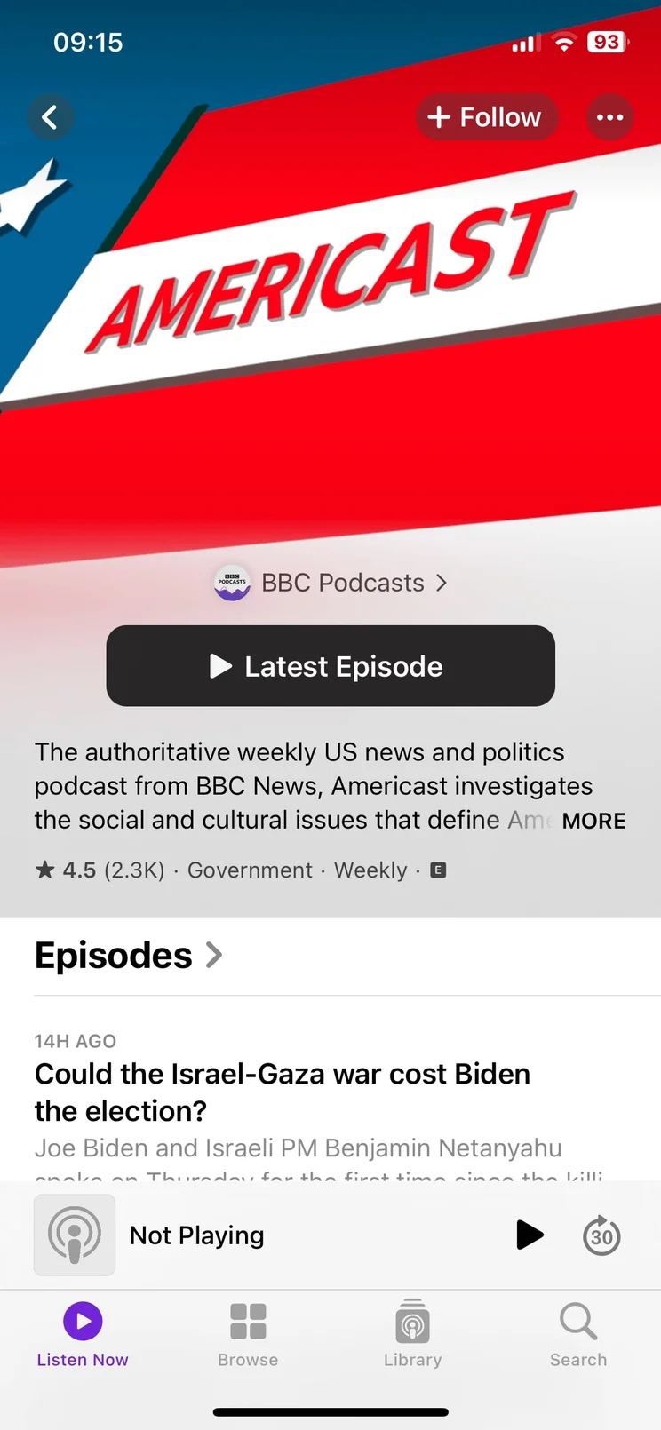 Apple Podcasts app open to Americast listing page