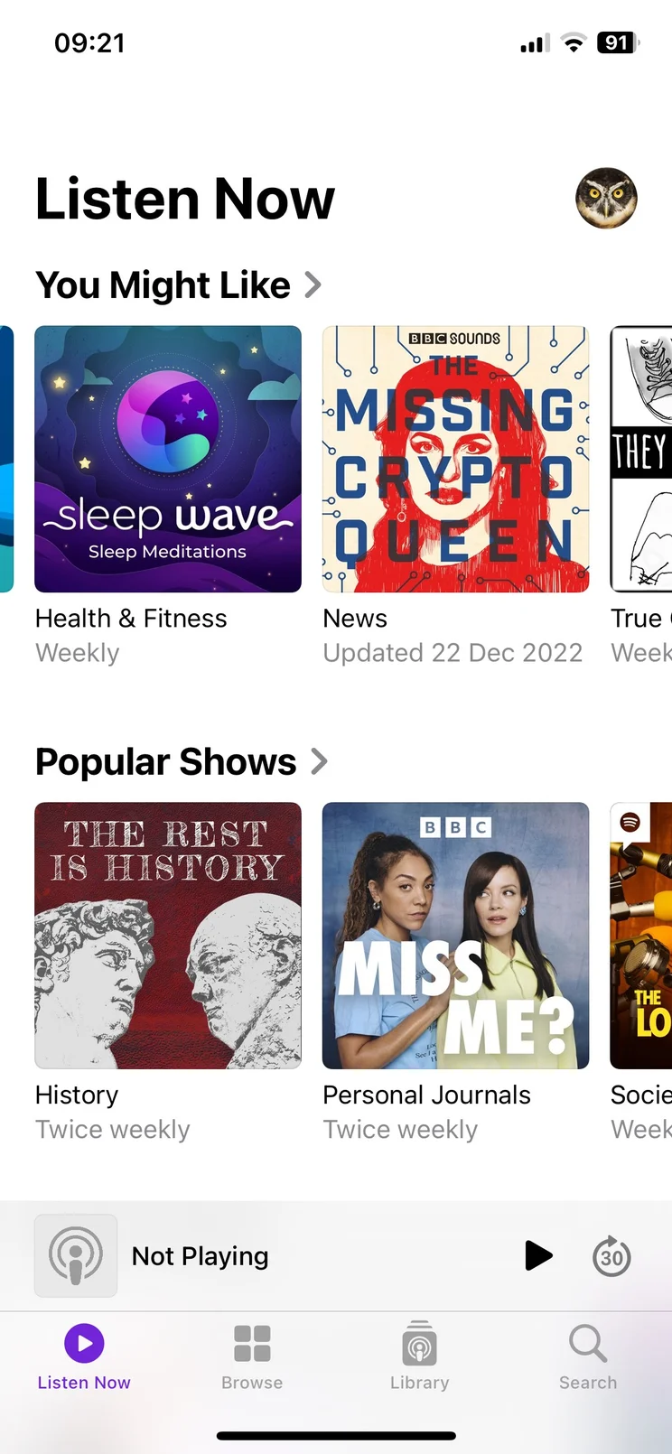Apple Podcasts app open to Listen Now screen showing podcast highlights