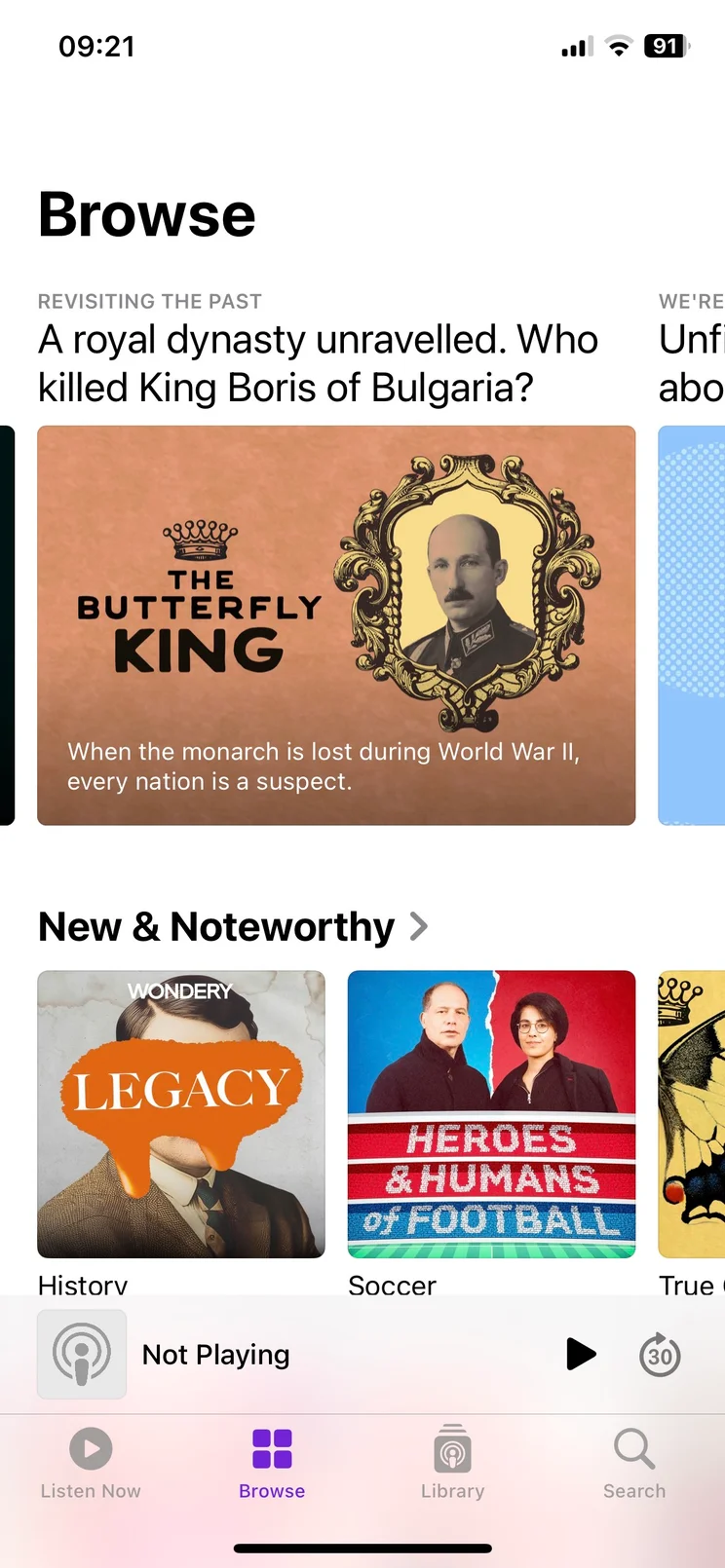 Apple Podcasts app open to Browse screen showing podcast options