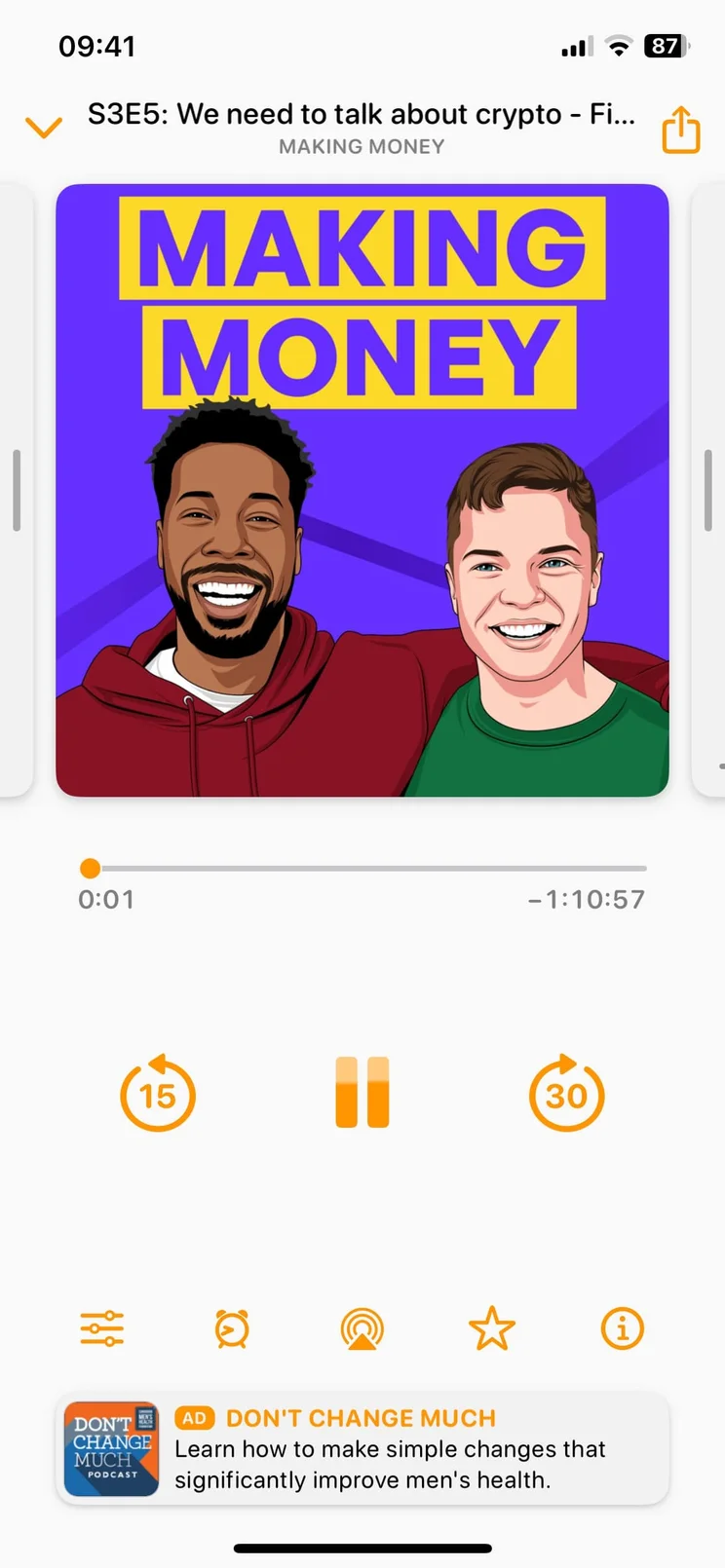 Making Money podcast open on Overcast iOS podcast app