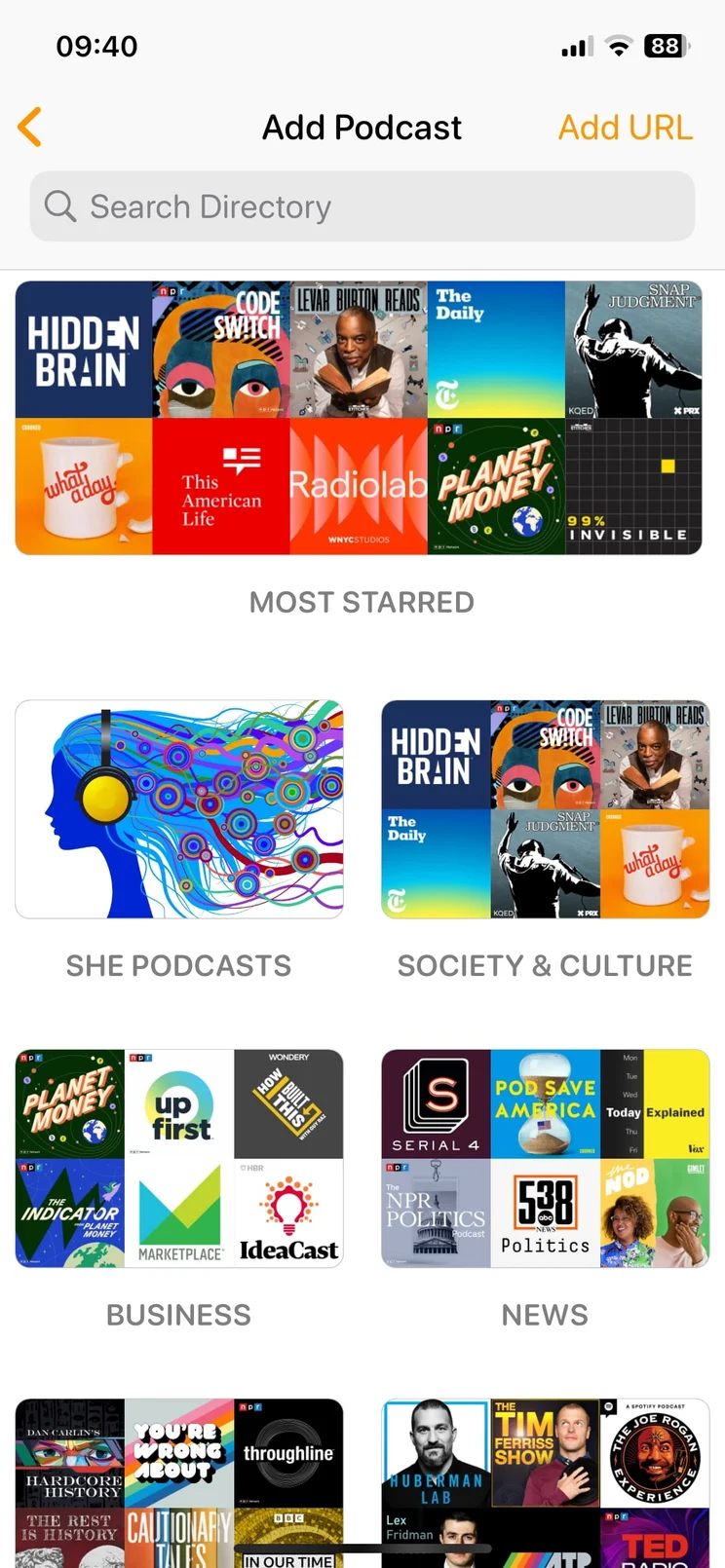 Podcast search and add screen open on Overcast iOS podcast app