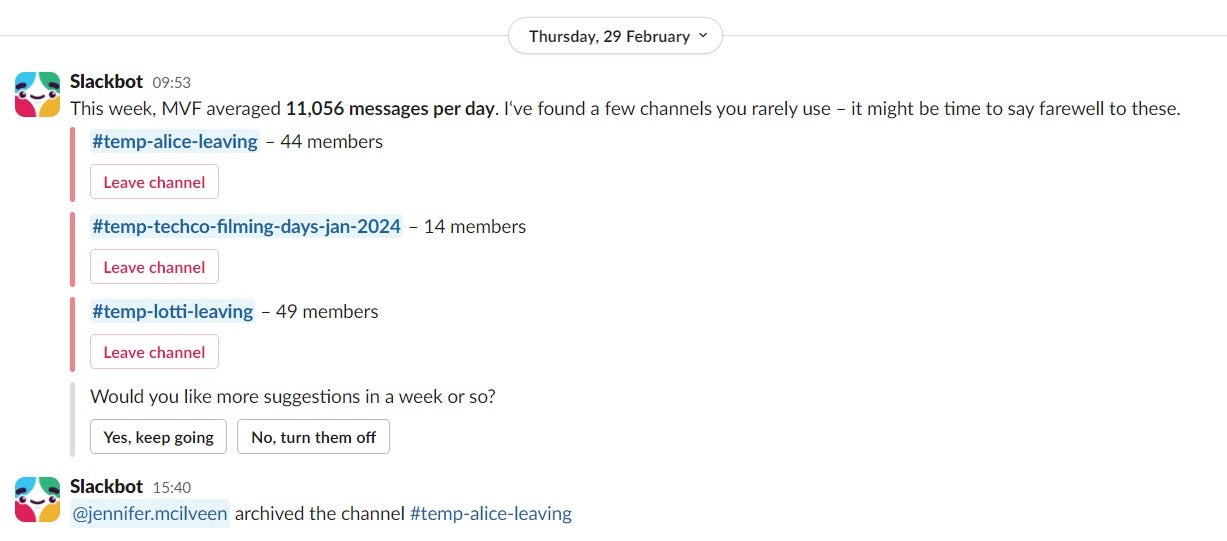 Slackbot assists with channel archiving. Image: Tech.co