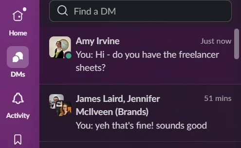 The direct message stream in Slack. Image: Tech.co