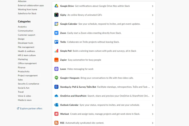 Slack's "essential apps" list. Image: Tech.co