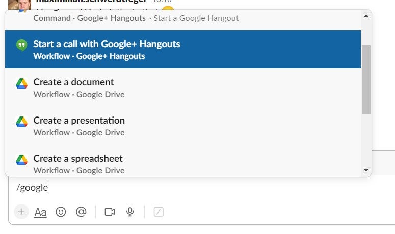 Using the slash command to access Slack's Google Hangouts shortcut. Image: Tech.co