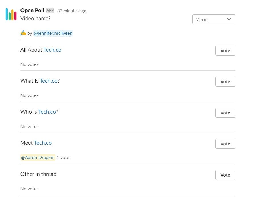 A poll generated by Jen. Tech.co's editor, in Slack. Image: Tech.co