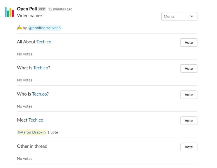 A poll generated by Jen. Tech.co's editor, in Slack. Image: Tech.co