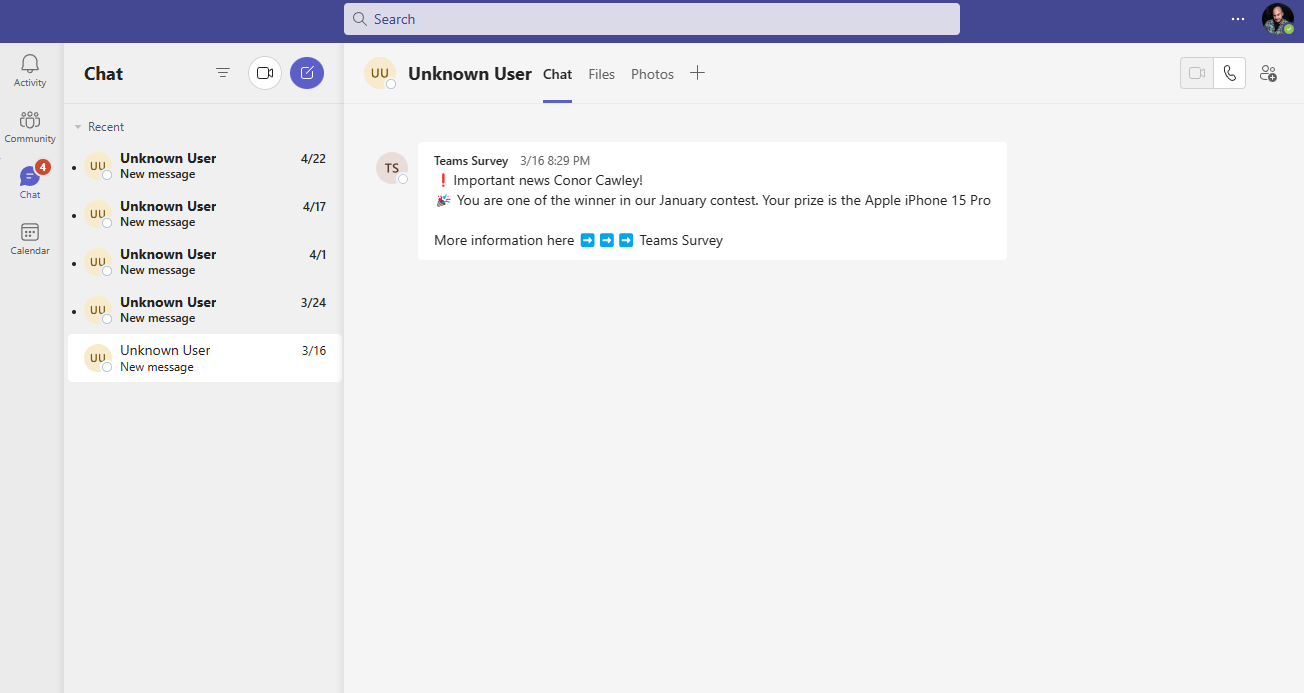 Receiving a teams survey message in Microsoft Teams.