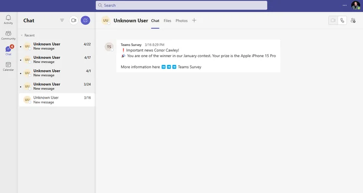 Receiving a teams survey message in Microsoft Teams.