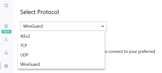 Selecting a VPN protocol, in PureVPN. Image: Tech.co