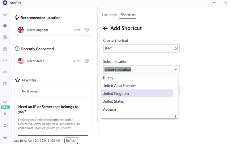 PureVPN shortcuts function for streaming. Image: Tech.co