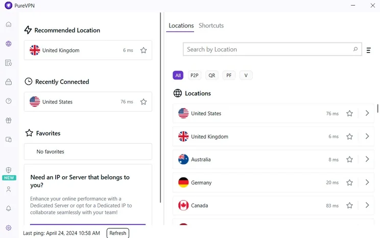 Selecting a server with PureVPN. Image: Tech.co