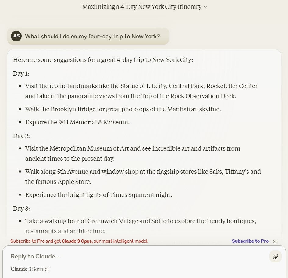 Asking Claude to plan a trip to New York