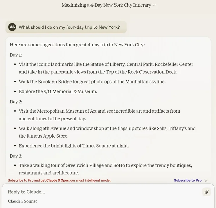 Asking Claude to plan a trip to New York