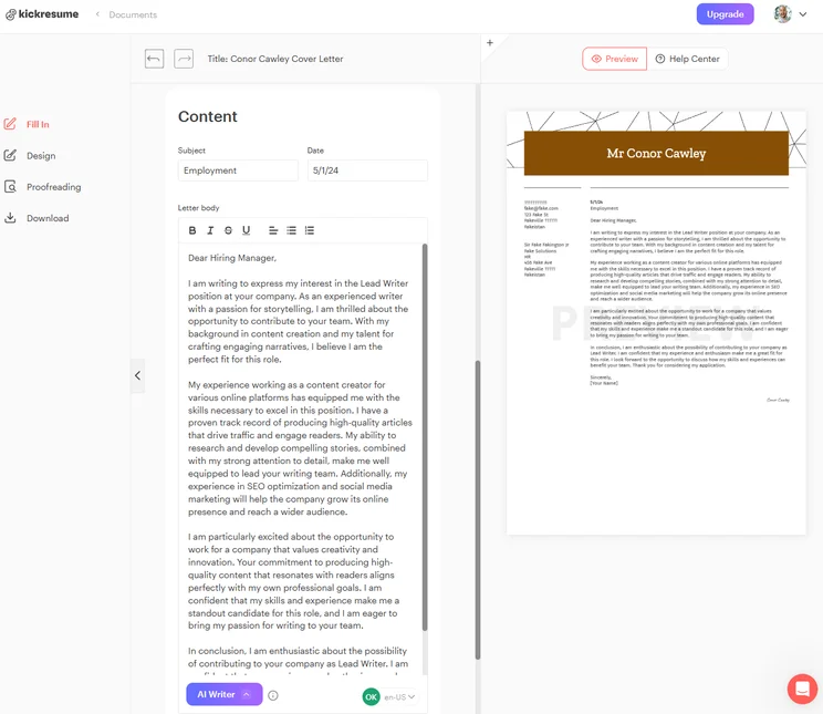 KickResume AI Cover Letter Generator