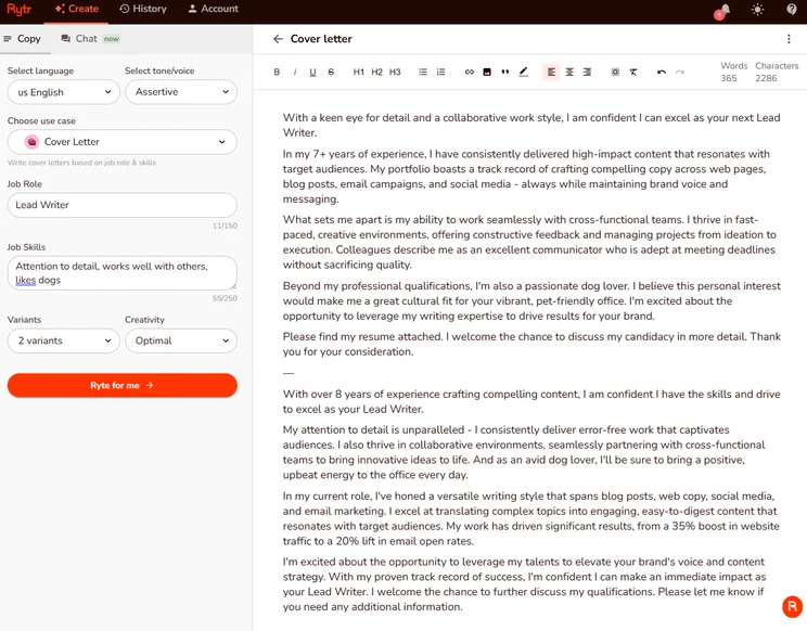 Rytr AI Cover Letter