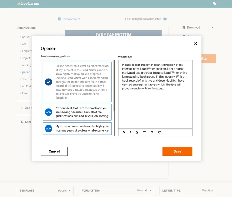 LiveCareer AI Cover Letter
