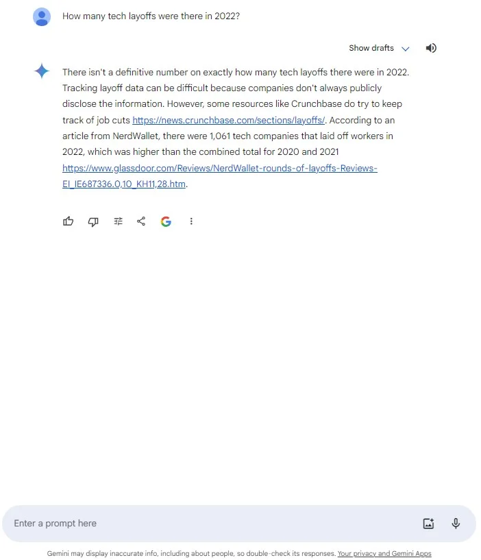 Asking gemini about tech layoffs that happened in 2022. Source: Tech.co