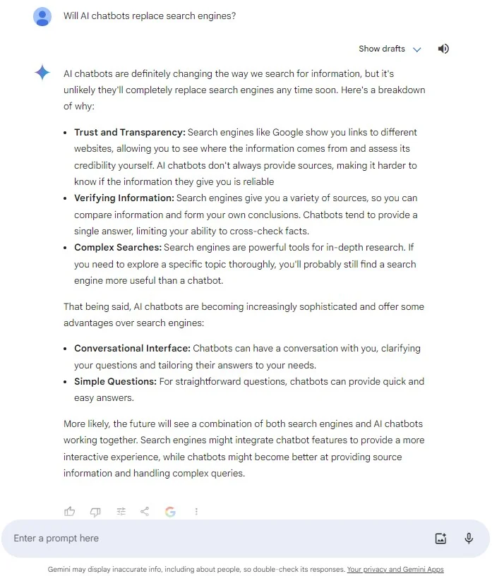 Asking Gemini whether AI will replace search engines. Source: Tech.co
