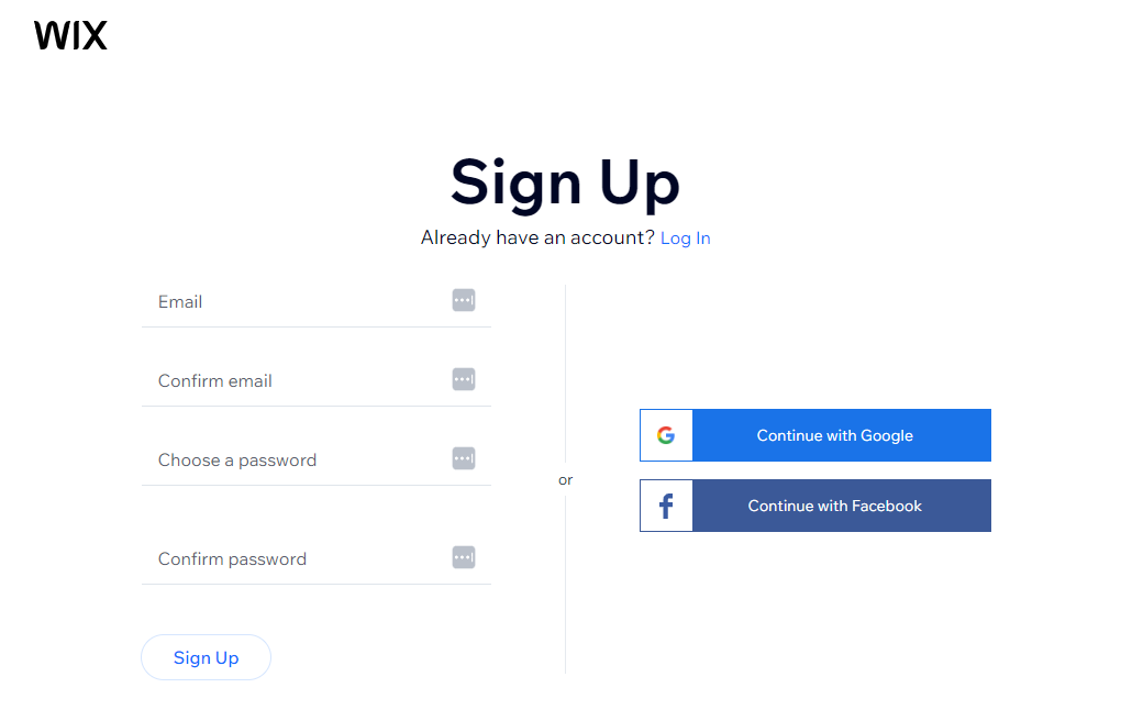 Wix's sign up page