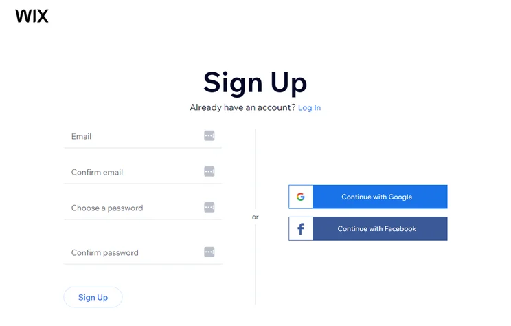 Wix's sign up page