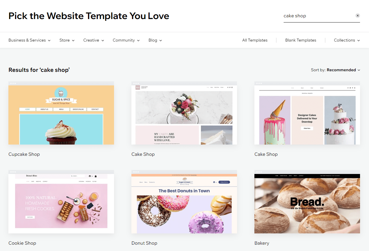 Wix's template selection