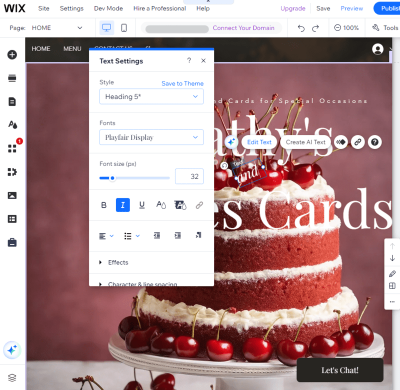 Wix text editing feature