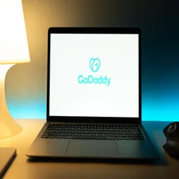 GoDaddy website builder logo on a laptop