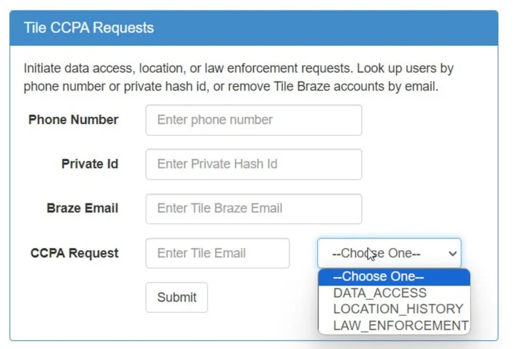 Screenshot of Tile's internal data search tool, sent to 404 from the hacker