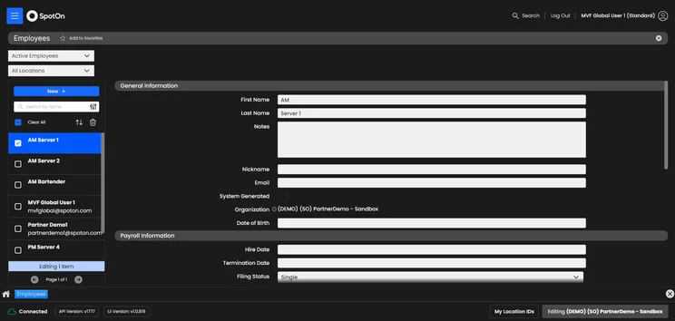 SpotOn POS employee management interface showing staff directory.