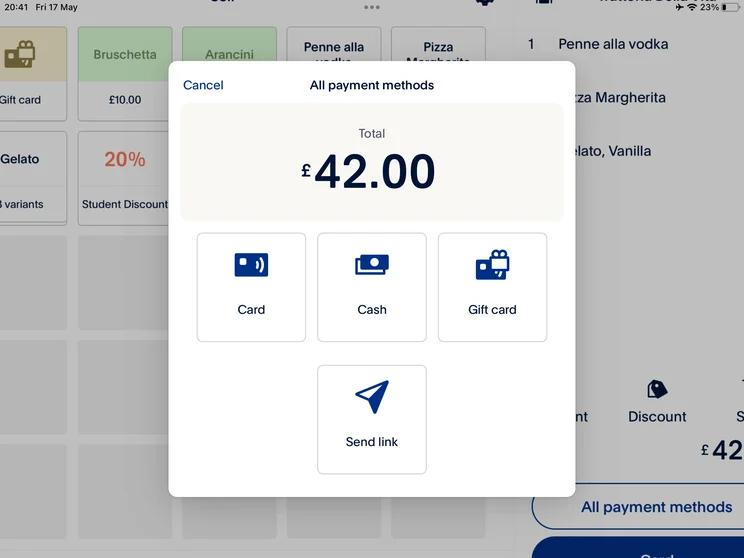 PayPal POS payment dialog showing card, cash, gift card, and send link options.