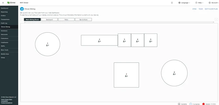 Clover's dining floor management interface showing table layouts.