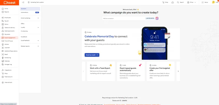 Toast POS customer engagement and marketing features dashboard interface.
