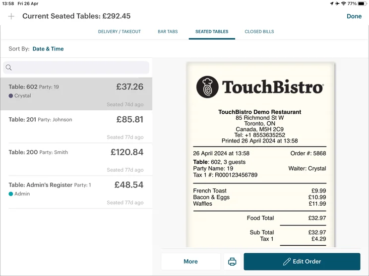 TouchBistro payment screen