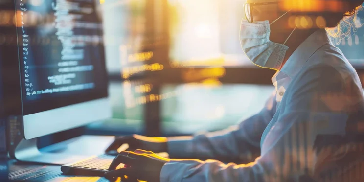 A woman wearing a COVID mask at the computer.
