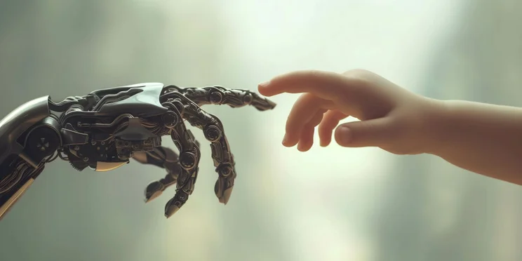 A robot hand and a child's hand touching fingers.