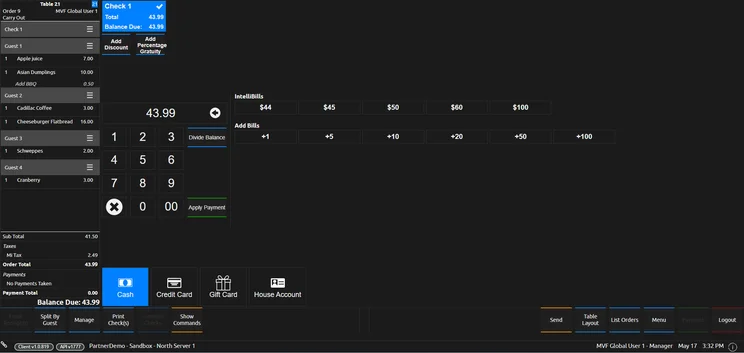 SpotOn payment processing options and transaction interface.