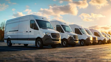 A fleet of vans in a parking lot.