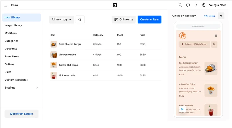 Square online ordering page