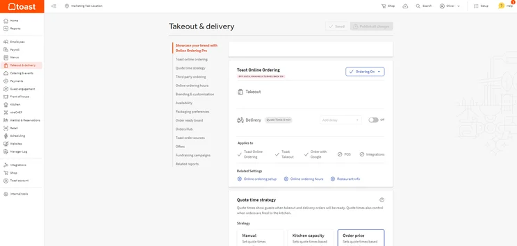 Toast POS takeout and delivery ordering configuration interface