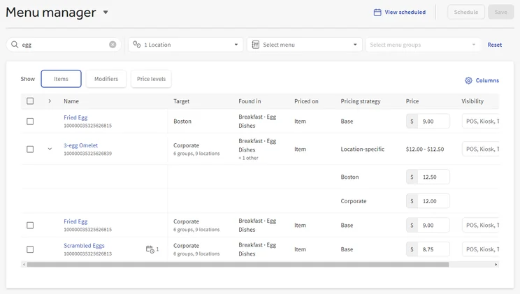 Toast menu management features