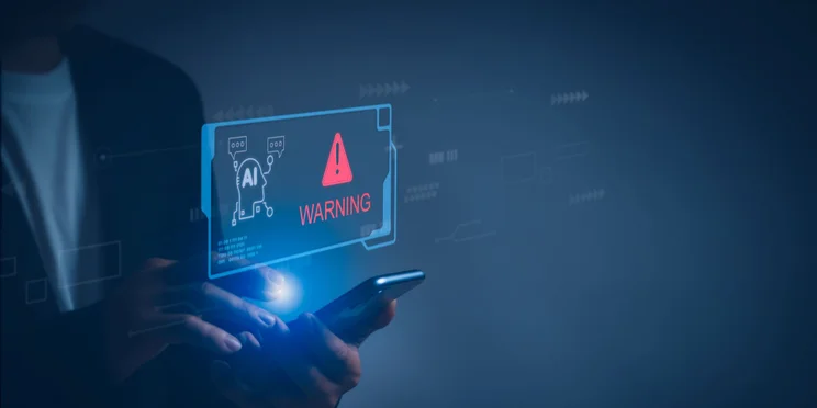 A mobile phone showing a projection of AI scam warning.