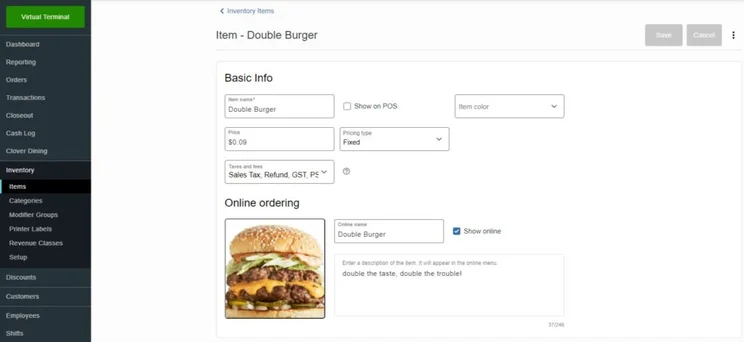 Clover's menu management POS features