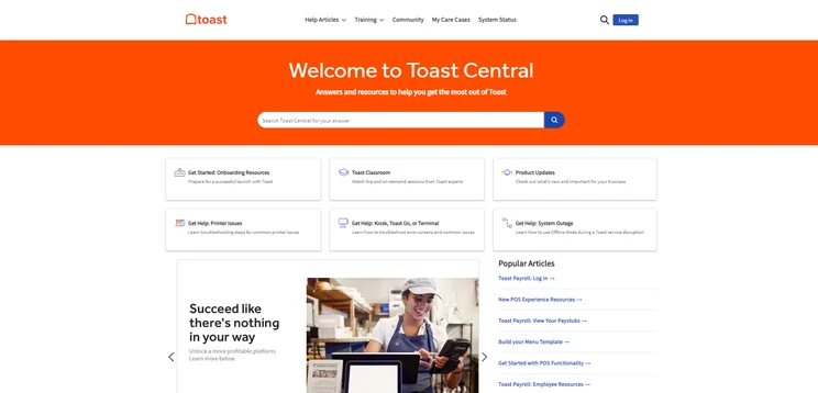 Toast' POS help and support center homepage with resource articles.